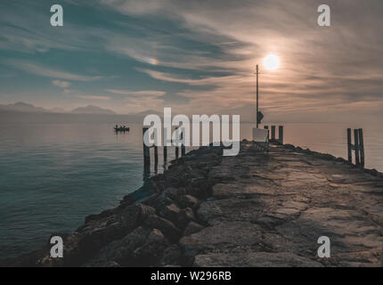 Evening at lake leman in lausanne town Stock Photo