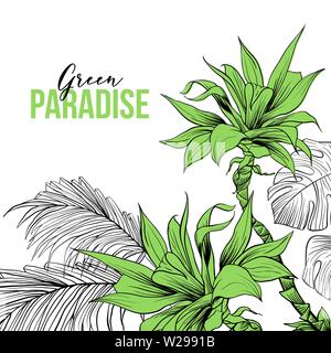 Tropical social media post vector design. Green paradise calligraphy. Exotic palms, coconut leaves sketch. Jungle plant, flower drawing. Botanical hand drawn illustration. Beach party, resort poster Stock Vector