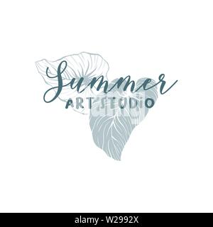 Summer art studio logotype vector template. Monstera leaves hand drawn logo layout. Art supply shop, store signboard. Philodendron, silver cloud plant. Silhouette and outline exotic leaves drawing Stock Vector