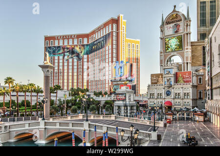 Las Vegas, Nevada, USA - May 6, 2019: The Las Vegas Strip in the early morning with Treasure Island and the exterior of the Venetian Resort Stock Photo