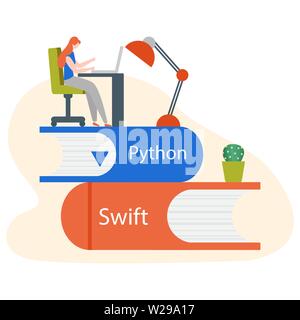 Vector illustration with people on stack of books, studying manual, working on computer. Flat style. Background for the programming landing page. Desi Stock Vector