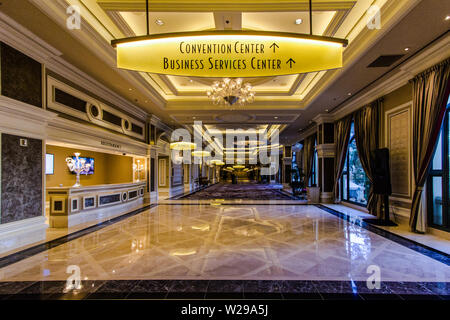 Interior of the Bellagio Hotel with sign for the convention and business center. Renowned for gambling, Las Vegas is also home to massive conventions. Stock Photo