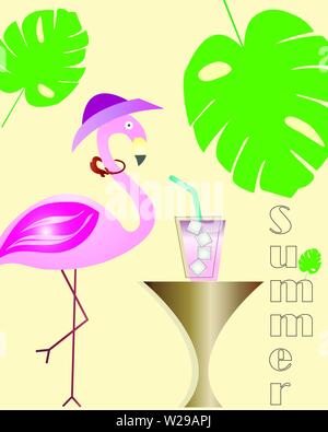 summer logo - flamingo cartoon - exotic tropical leaves and cocktail - yellow background Stock Vector