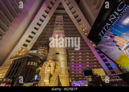 The atrium at the Luxor Hotel in Las Vegas. The Luxor claims to have the largest atrium in the world at 29 million cubic feet. Stock Photo