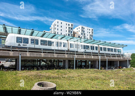 Metro electric driverless train at Vestamager metro railway station in Ørestad Amager Copenhagen Denmark Europe Stock Photo