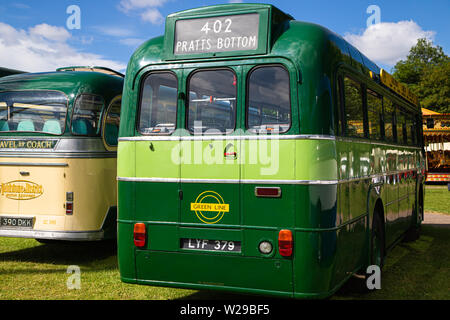 90th Kent County Show, Detling, 6th July 2019. Old Historic Greenline bus  number 402 going to Pratts Bottom. Stock Photo