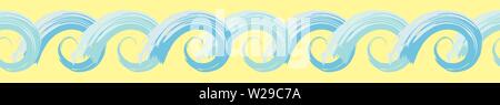 Hand drawn blue stylised ocean wave border with painterly effect. Seamless geometric vector pattern on sunny yellow background. Great for marine Stock Vector