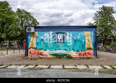 Berlin Dahlem District,Breitenbachplatz U-Bahn underground railway station. Station name. & colourful mural painting.The station serves U 3 line Stock Photo