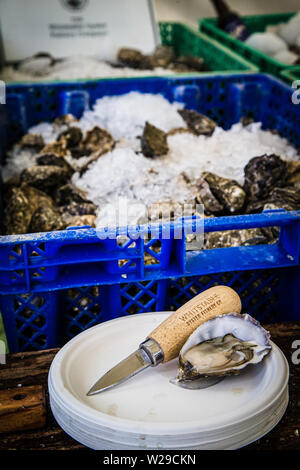 90th Kent County Show, Detling, 6th July 2019. An opened oyster on display in front of baskets of the sea food packed in ice. Stock Photo