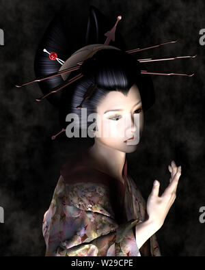 Beautiful Young Japanese Woman with Shadowy Lighting Stock Photo