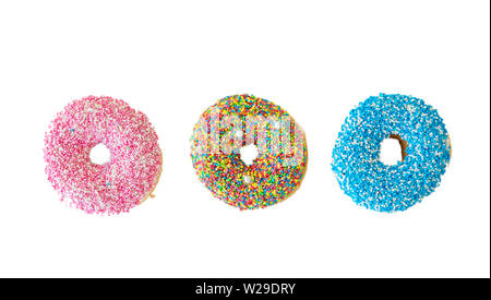 Assorted donuts. Colorful donuts assortment on white color background. Top view Stock Photo