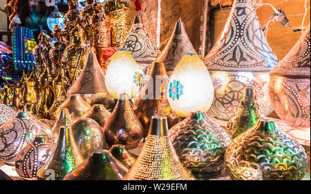 Colorful, bright, Egg shaped and metallic lamps on display in Khan Al Khalili bazaars in Al Moez street. Stock Photo