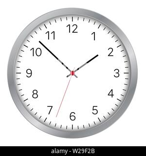 Simple illustration of clock face with minute, hour and second hand and red center with numbers. Metal circular trim. Isolated on white background - v Stock Vector