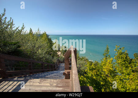 Inspiration Point On Lake Michigan. Inspiration Point is located at a roadside park along highway M-22 in Arcadia, Michigan. Stock Photo