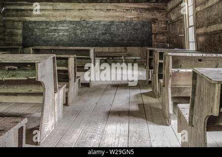 Pioneer One Room Schoolhouse in the Great Smoky Mountains National Park in Tennessee. Stock Photo