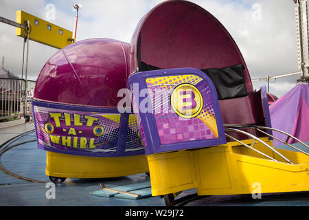 Tilt a Whirl carnival ride set up at the Cheboygan County Fair in the northern Lower Peninsula of Michigan Stock Photo