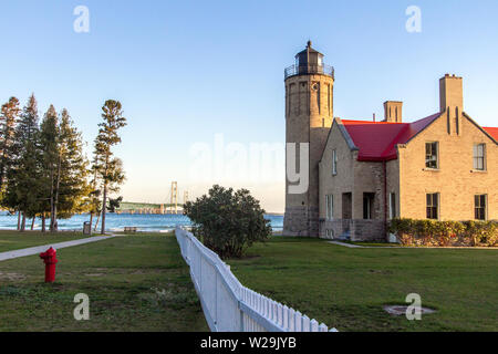 Mackinaw Point Lighthouse. Owned by the state of Michigan, the lighthouse is a famous landmark on the Straits of Mackinac in Mackinaw City, Michigan. Stock Photo