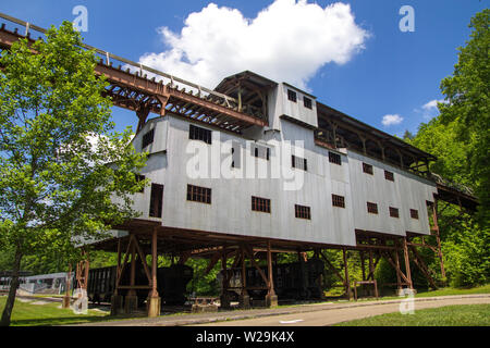 Exterior of the abandoned and historic Blue Heron Coal Mining Community in the Big South Fork Recreation Area in the Appalachian Mountains.