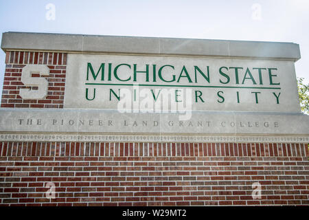 East Lansing, Michigan, USA - September 17, 2018: Sign for the Michigan State University campus. MSU is home to the Michigan State Spartans. Stock Photo