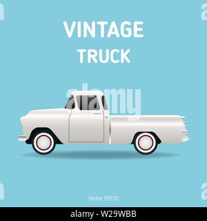 Retro car vector isolate on blue background. Classic pickup truck. Flat design vector illustration. Stock Vector