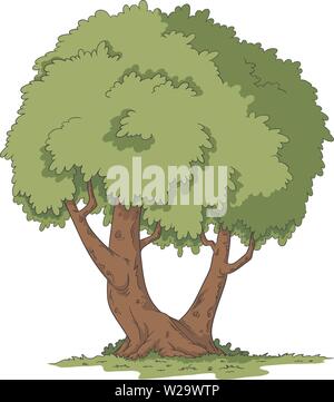 Cartoon tree on meadow. Hand drawn vector illustration. Stock Vector