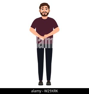 Bearded man holds hands on stomach, abdominal pain, cartoon character vector illustration Stock Vector
