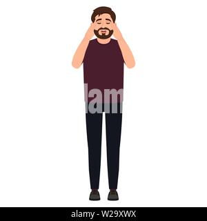 Bearded man holds hands on temples of head, headache, guy suffers from migraine, cartoon character vector illustration Stock Vector