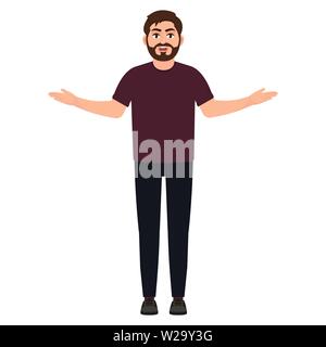 Surprised bearded man with raised palms up, guy shows gesture of surprise, angry man, cartoon character vector illustration Stock Vector