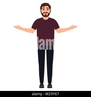 Surprised bearded man with raised palms up, guy shows gesture of surprise, upset man, cartoon character vector illustration Stock Vector