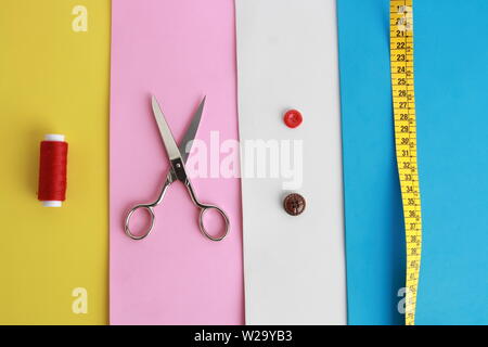 sewing objects on colorful background Stock Photo