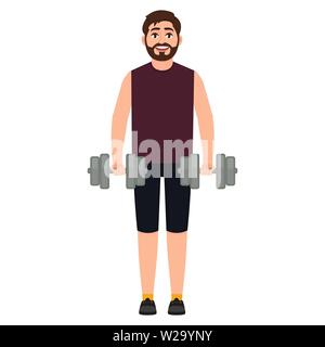 Bearded man holding dumbbells, a guy playing sports, happy active man, cartoon character vector illustration Stock Vector