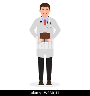 Male doctor, young guy in medical coat and stethoscope around his neck, profession, cartoon character vector illustration Stock Vector