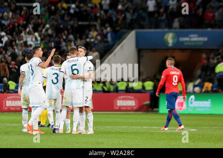 Sao Paulo, Brazil. 07th July, 2019. 6th July 2019, Arena Corinthians Stadium, Sao Paulo, Brazil; Copa America international football, 3rd-4th playoff final, Argentina versus Chile; Players of Argentina celebrate their third place finish after the match Credit: Action Plus Sports Images/Alamy Live News Stock Photo