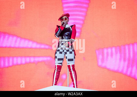 Roskilde, Denmark. 06th July, 2019. Roskilde, Denmark. July 06th, 2019. The American soul and R&B singer and songwriter Janelle Monae performs a live concert during the Danish music festival Roskilde Festival 2019. (Photo Credit: Gonzales Photo/Alamy Live News Stock Photo