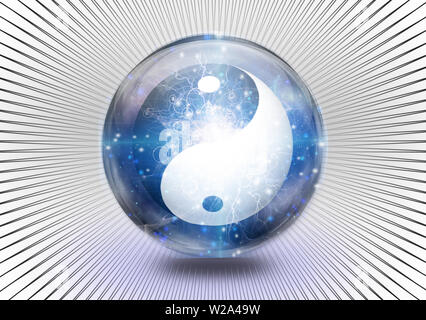 Yin Yang symbol is contained inside of glass sphere. 3D rendering Stock Photo