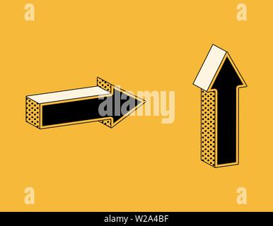 Isometric icons of arrows in retro style, direction symbols on yellow background. Stock Vector
