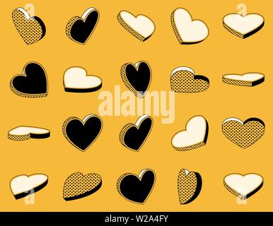 Set of isometric icons of hearts in retro style, symbols of love on yellow background Stock Vector