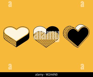 Set of isometric icons of hearts in retro style, symbols of love on yellow background Stock Vector