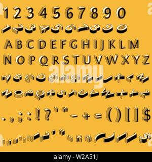 Alphabet letters, numbers and punctuation marks in retro style, isometric font, 3D typography vector illustration on yellow background Stock Vector