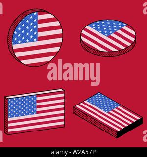 Set of isometric icons of USA flag in retro style, symbols of America on red background Stock Vector