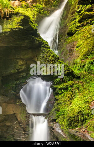 The River Trevillet cuts its way through the Late Devonian slate to create the magnificent waterfall which forms part of St Nectans Glen near Trethevy Stock Photo