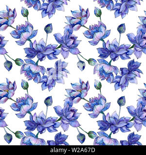 Blue lotus floral botanical flowers. Watercolor background illustration set. Seamless background pattern. Stock Photo