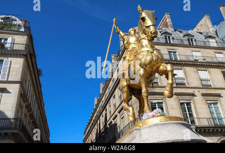 Gilded bronze equestrian statue 1874, depicting Saint Jeanne d Arc Joan of Arc . Place des Pyramides, Paris. Stock Photo