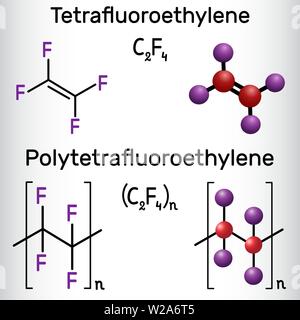 Polytetrafluoroethylene or PTFE, teflon polymer and Tetrafluoroethylene or TFE molecule. Structural chemical formula and molecule model Stock Vector