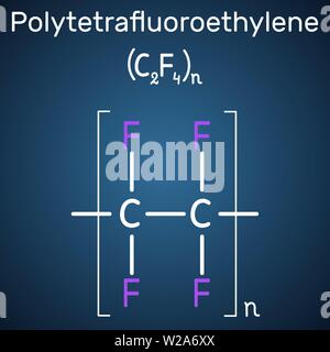 Polytetrafluoroethylene or PTFE, teflon polymer molecule. Is a synthetic fluoropolymer of tetrafluoroethylene. Structural chemical formula on the dark Stock Vector