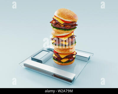 Hamburger. Fast food diet concept, Compulsive overeating and dieting. 3d rendering Stock Photo