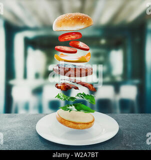 Hamburger. Fast food diet concept, Compulsive overeating and dieting. 3d rendering Stock Photo