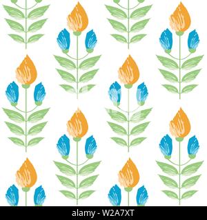 Vibrant saffron and aqua blue painterly flowers in minimal damask style design. Seamless vector pattern on white background. Great for wellness Stock Vector