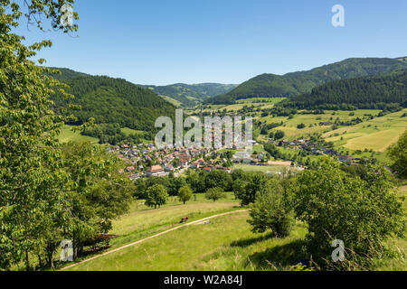 Wonderful landscape image of the small climatic resort village Muenstertal in the black forest with hills, meadows and mountain in the background Stock Photo