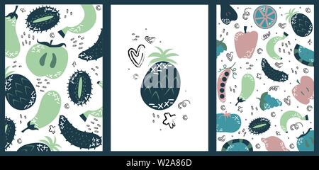 Set of hand drawn cards with fruits and vegetables. Vector cartoon food. Stock Vector
